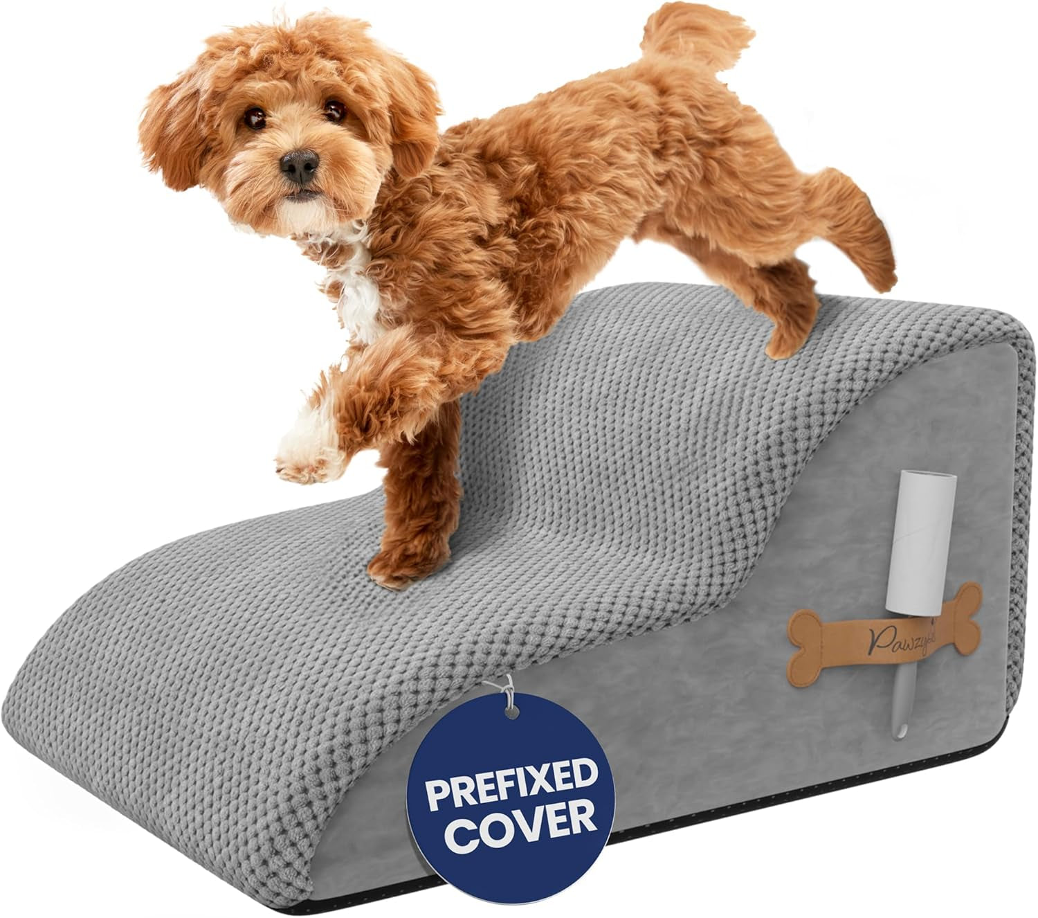 Foam Pet Stairs for Small Dogs & Cats – 2-Step Dog Ramp 12” High, Wide Non-Slip Steps for Bed & Couch – Washable Pre-Fitted Cover (No Assembly Required), Waterproof Base – Grey